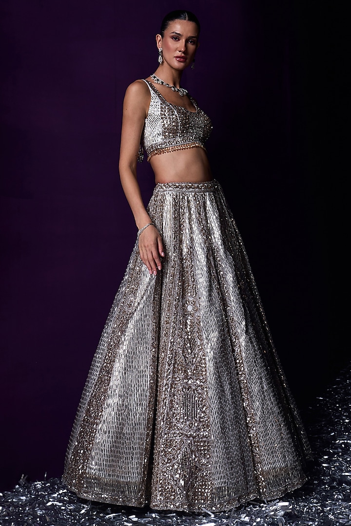 Grey Organza Sequins Hand Embroidered Bridal Lehenga Set by Angad Singh at Pernia's Pop Up Shop