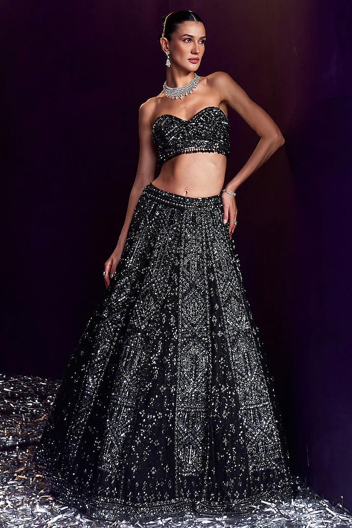 Black Net Sequins & Crystal Embroidered Bridal Lehenga Set by Angad Singh at Pernia's Pop Up Shop