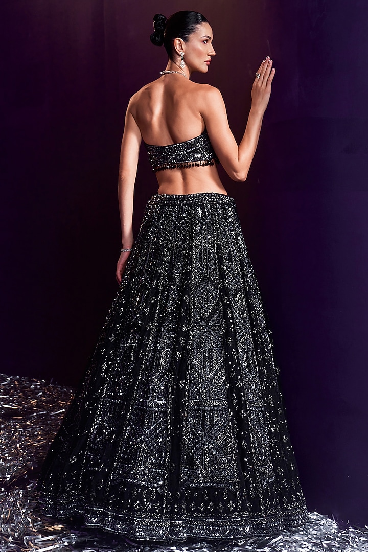 Black Net Sequins & Crystal Embroidered Bridal Lehenga Set by Angad Singh at Pernia's Pop Up Shop