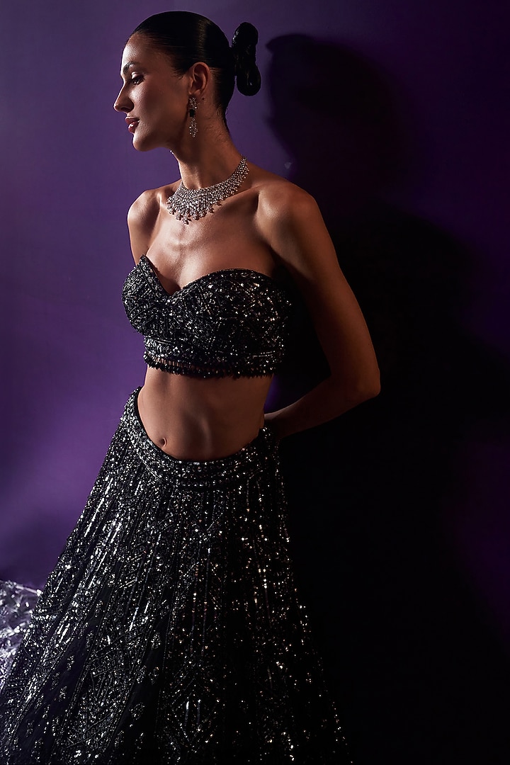 Black Net Sequins & Crystal Embroidered Bridal Lehenga Set by Angad Singh at Pernia's Pop Up Shop
