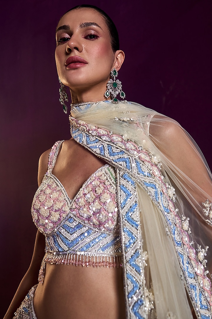 Ivory Net Sequins & Bugle Beads Embroidered Bridal Lehenga Set by Angad Singh at Pernia's Pop Up Shop