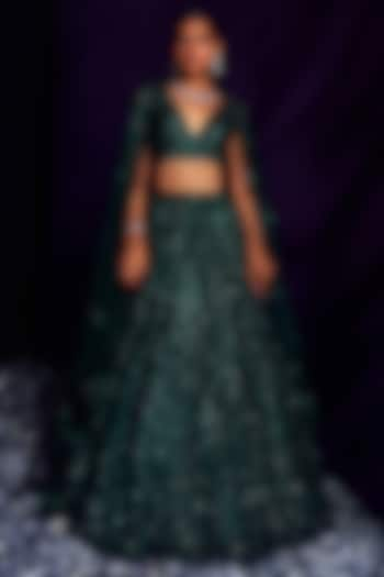 Emerald Green Net Sequins & Crystal Embroidered Bridal Lehenga Set by Angad Singh at Pernia's Pop Up Shop