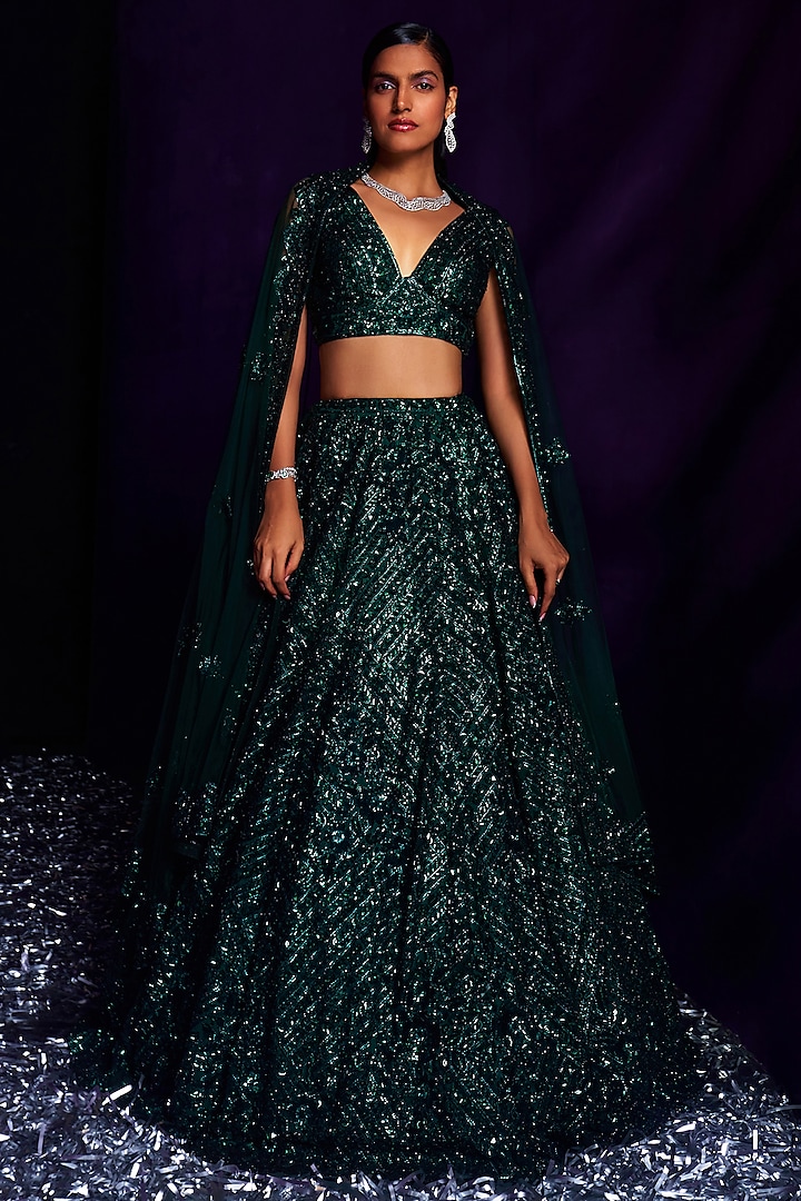 Emerald Green Net Sequins & Crystal Embroidered Bridal Lehenga Set by Angad Singh at Pernia's Pop Up Shop