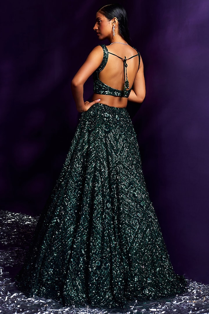 Emerald Green Net Sequins & Crystal Embroidered Bridal Lehenga Set by Angad Singh at Pernia's Pop Up Shop