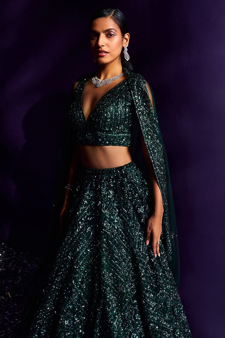 Emerald Green Net Sequins & Crystal Embroidered Bridal Lehenga Set by Angad Singh at Pernia's Pop Up Shop