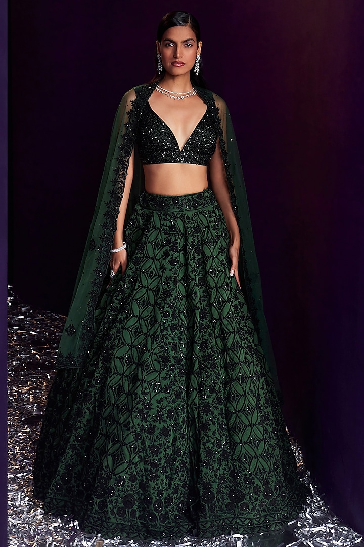 Green Organza Dori & Sequins Embroidered Wedding Lehenga Set by Angad Singh at Pernia's Pop Up Shop