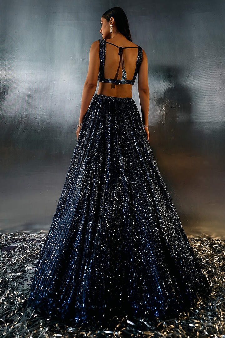 Electric Blue Net Bugle Beads Embroidered Bridal Lehenga Set by Angad Singh at Pernia's Pop Up Shop