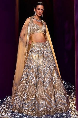 Gold Net Sequins & Crystal Embroidered Lehenga Set by Angad Singh