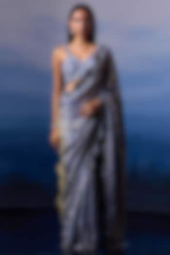 Metallic Grey Tissue Sequins Embroidered Saree Set by Angad Singh at Pernia's Pop Up Shop