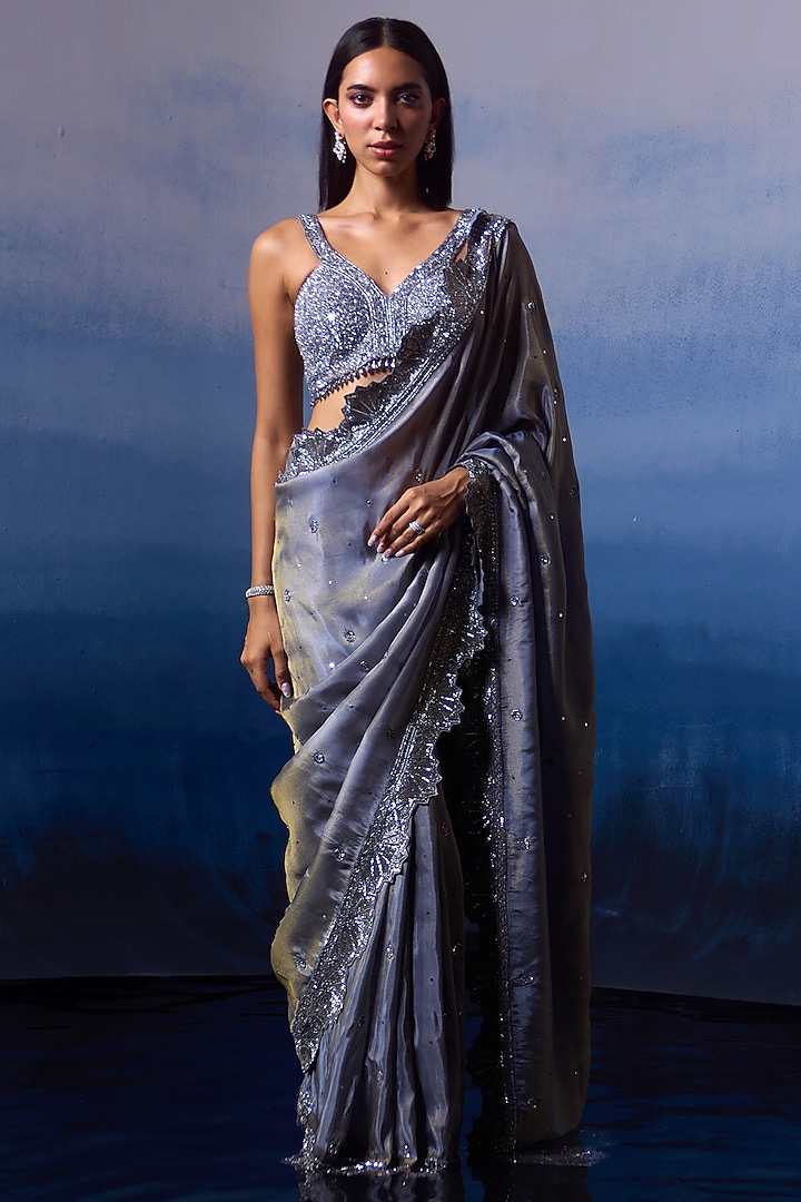 Metallic Grey Tissue Sequins Embroidered Saree Set by Angad Singh at Pernia's Pop Up Shop