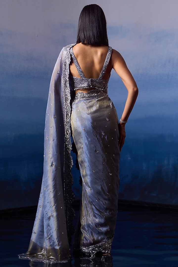 Metallic Grey Tissue Sequins Embroidered Wedding Saree Set by Angad Singh at Pernia's Pop Up Shop