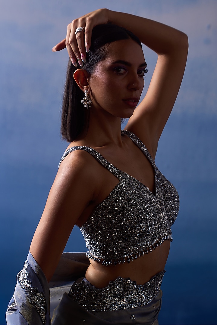 Metallic Grey Tissue Sequins Embroidered Wedding Saree Set by Angad Singh at Pernia's Pop Up Shop