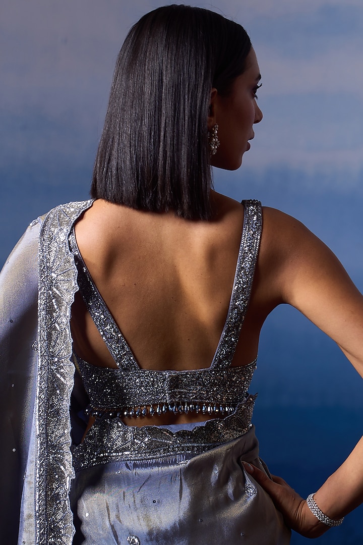 Metallic Grey Tissue Sequins Embroidered Wedding Saree Set by Angad Singh at Pernia's Pop Up Shop
