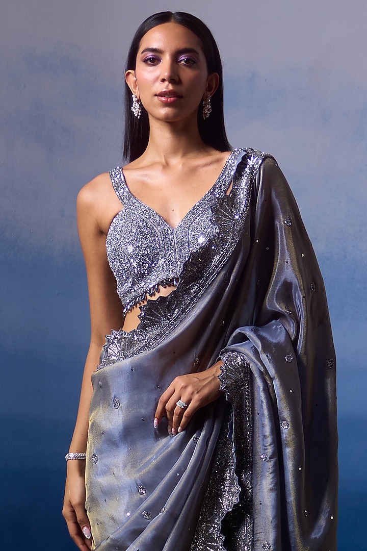 Metallic Grey Tissue Sequins Embroidered Wedding Saree Set by Angad Singh at Pernia's Pop Up Shop