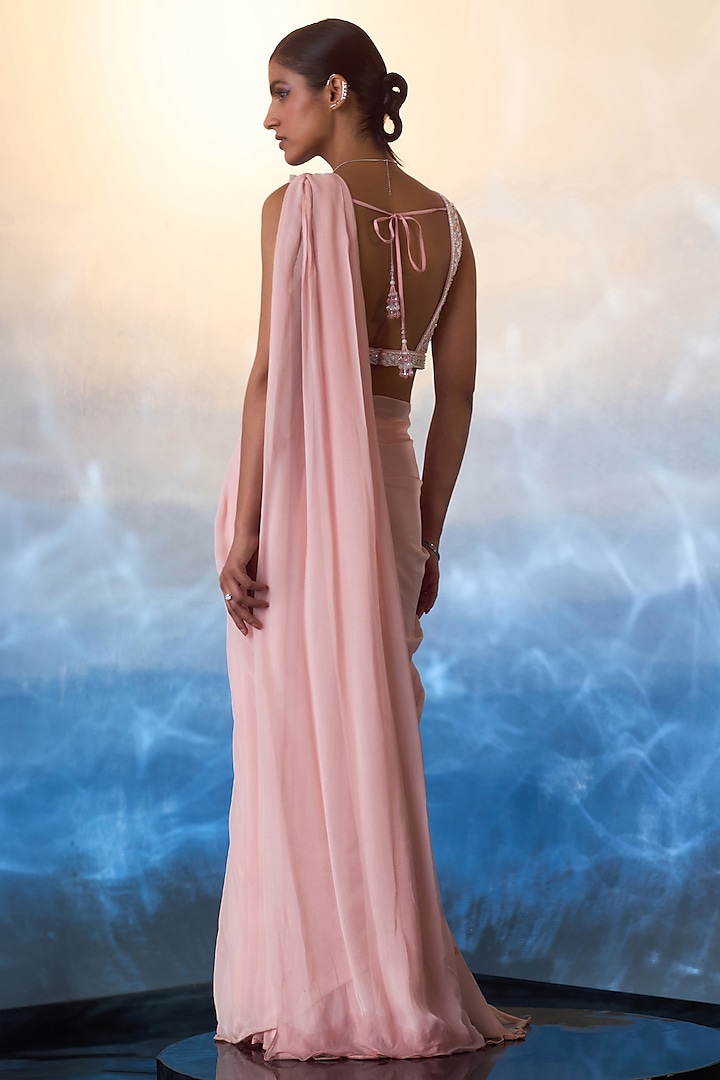 Dusty Peach Georgette Draped Wedding Saree Set by Angad Singh at Pernia's Pop Up Shop