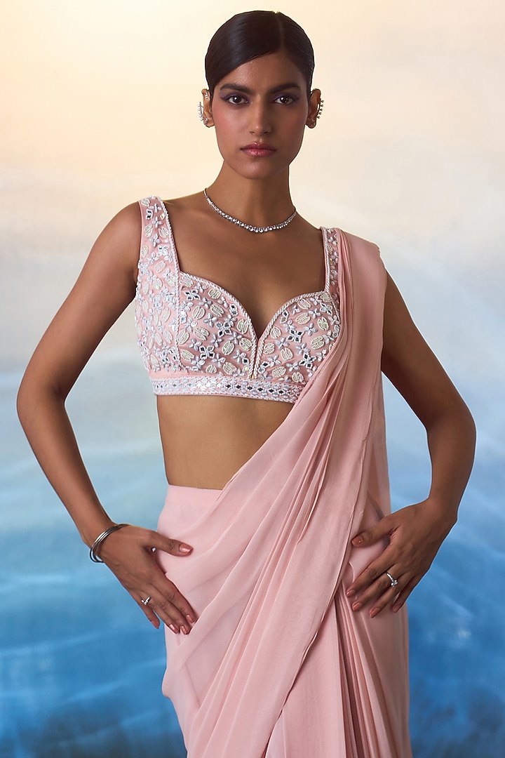 Dusty Peach Georgette Draped Wedding Saree Set by Angad Singh at Pernia's Pop Up Shop