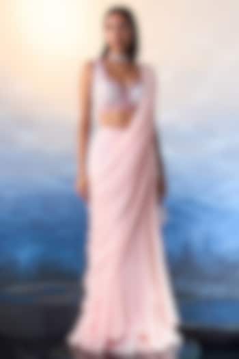 Powder Pink Georgette Draped Wedding Saree Set by Angad Singh at Pernia's Pop Up Shop