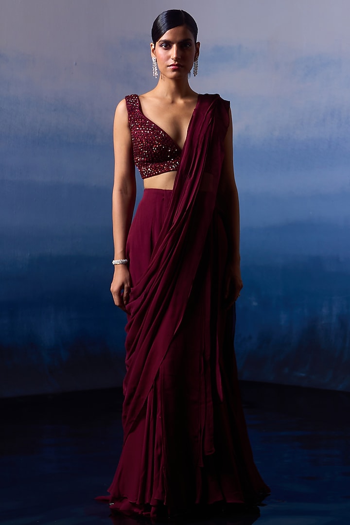 Burgundy Georgette Pre-Draped Saree Set by Angad Singh at Pernia's Pop Up Shop