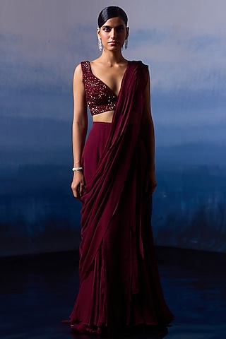 Burgundy Georgette Pre-Draped Saree Set by Angad Singh