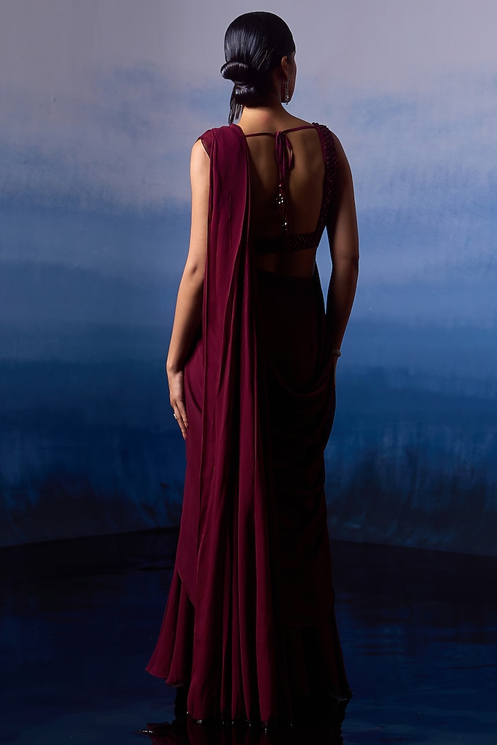 Burgundy Georgette Pre-Draped Wedding Saree Set by Angad Singh at Pernia's Pop Up Shop