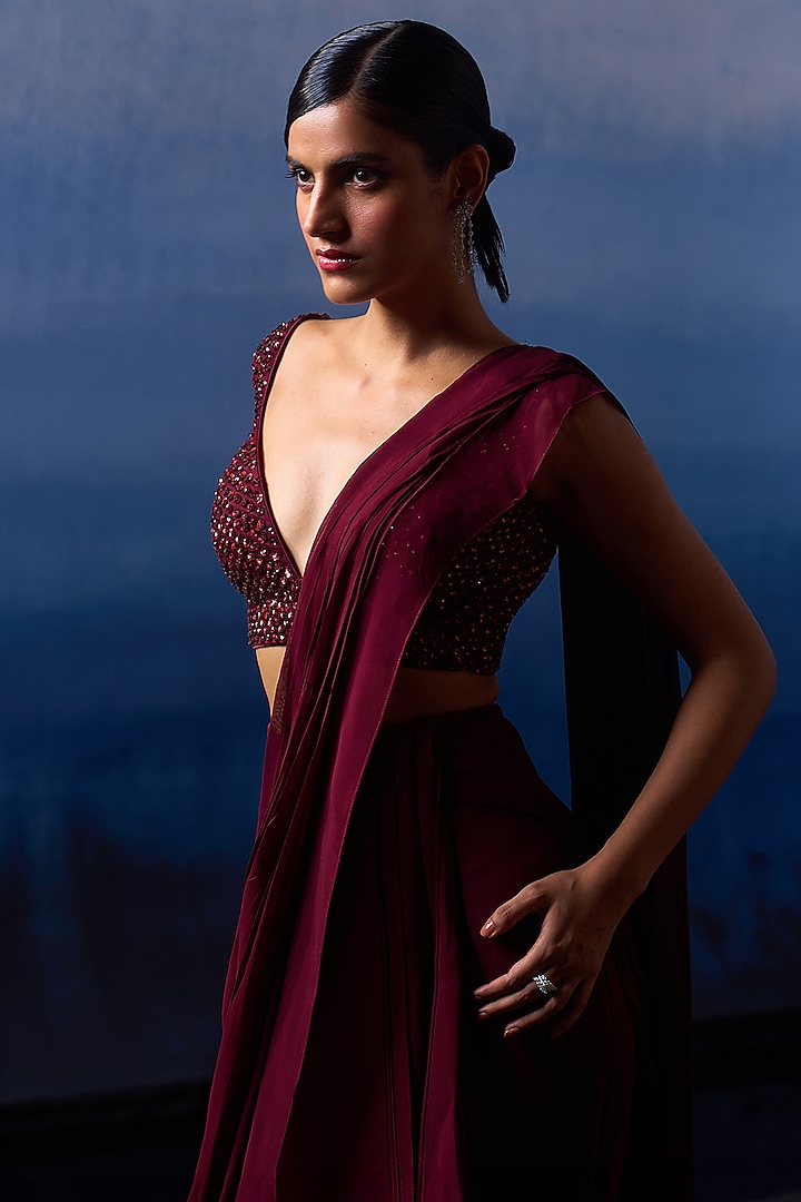 Burgundy Georgette Pre-Draped Wedding Saree Set by Angad Singh at Pernia's Pop Up Shop