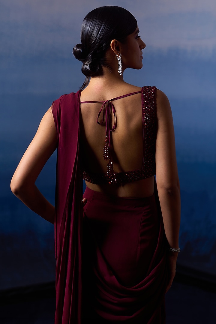 Burgundy Georgette Pre-Draped Wedding Saree Set by Angad Singh at Pernia's Pop Up Shop