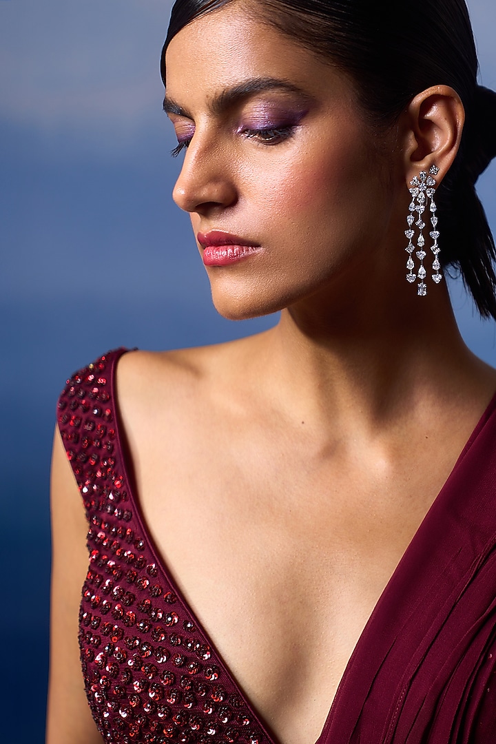 Burgundy Georgette Pre-Draped Wedding Saree Set by Angad Singh at Pernia's Pop Up Shop