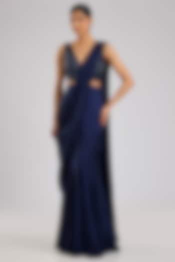 Navy Blue Silk Draped Wedding Saree Set by Angad Singh at Pernia's Pop Up Shop