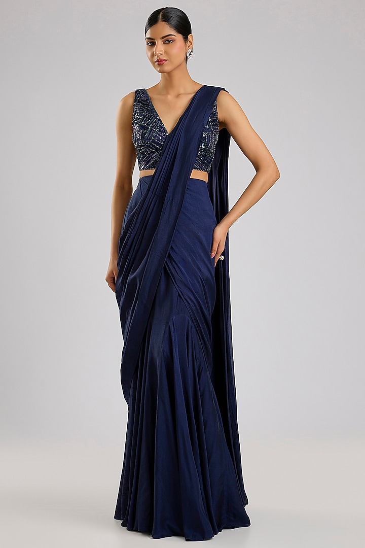 Navy Blue Silk Draped Wedding Saree Set by Angad Singh at Pernia's Pop Up Shop