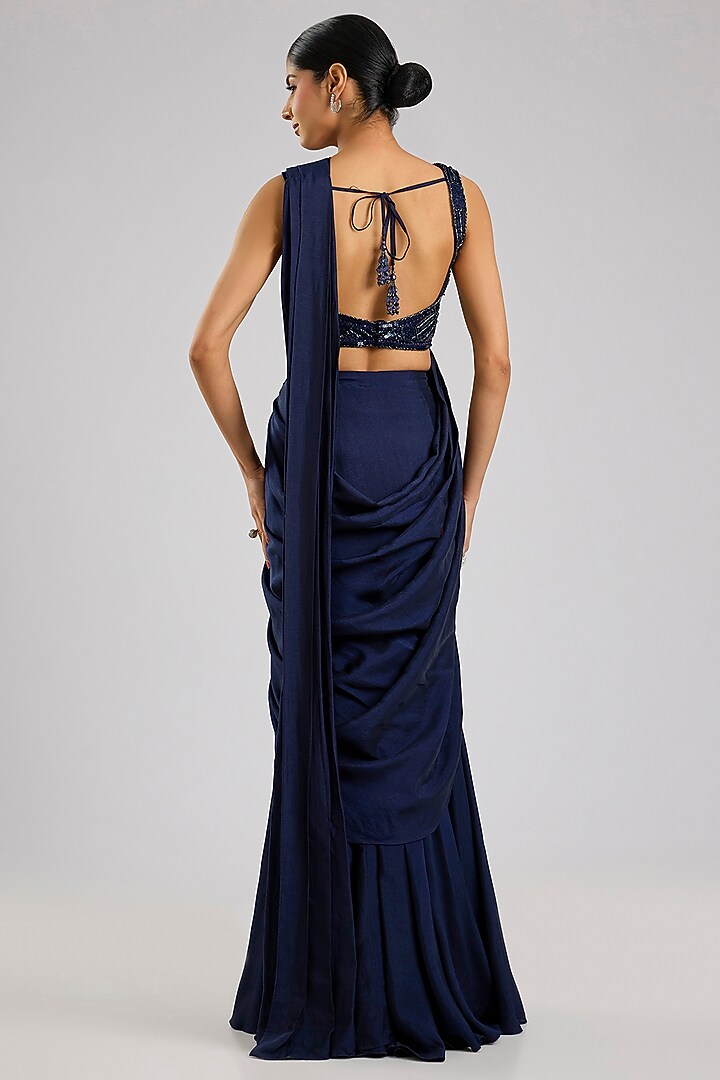 Navy Blue Silk Draped Wedding Saree Set by Angad Singh at Pernia's Pop Up Shop