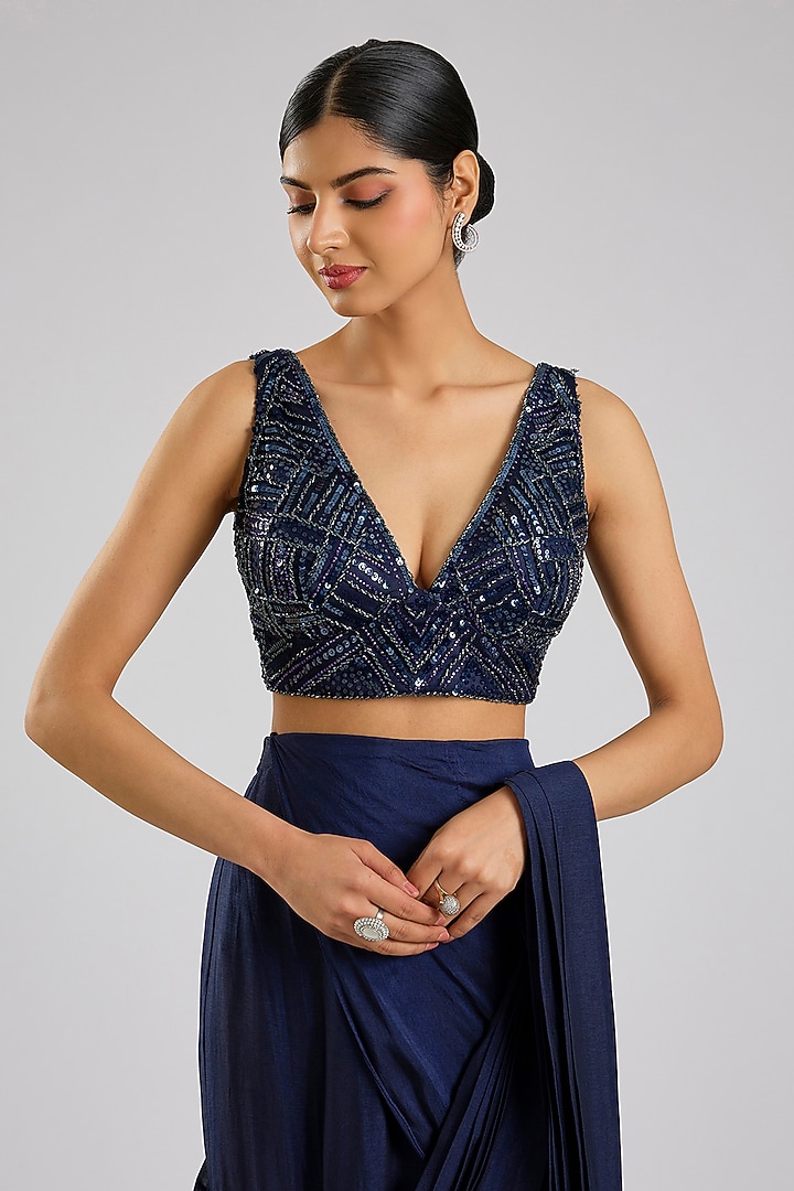 Navy Blue Silk Draped Wedding Saree Set by Angad Singh at Pernia's Pop Up Shop