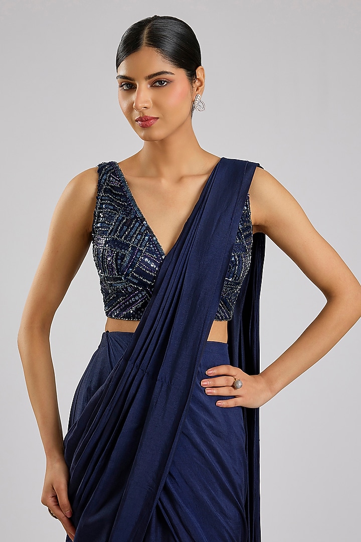 Navy Blue Silk Draped Wedding Saree Set by Angad Singh at Pernia's Pop Up Shop