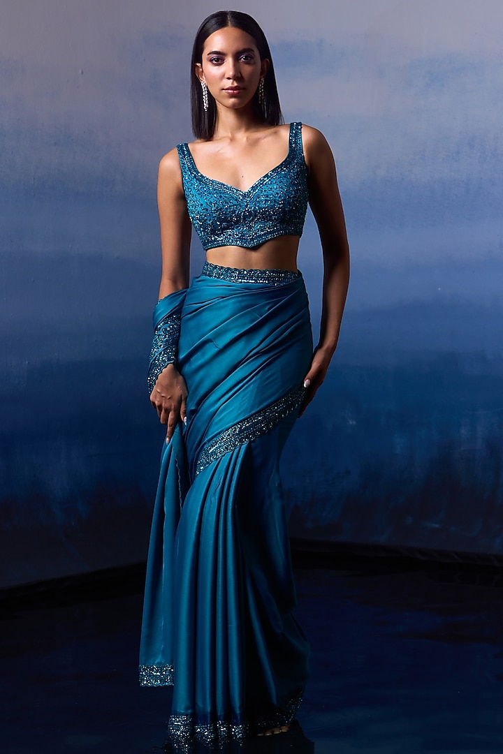 Peacock Blue Satin Sequins & Crystal Embroidered Saree Set by Angad Singh