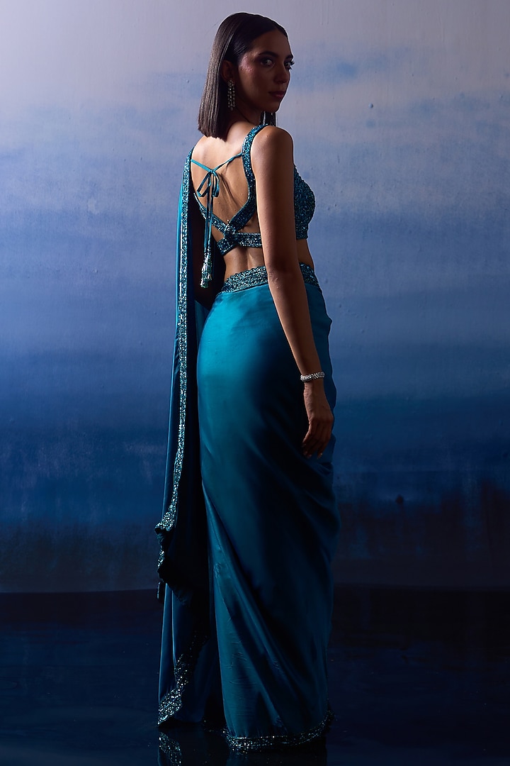 Peacock Blue Satin Sequins & Crystal Embroidered Wedding Saree Set by Angad Singh at Pernia's Pop Up Shop