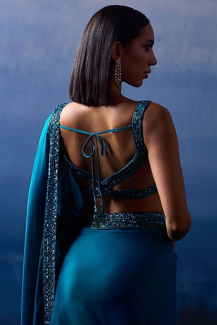 Peacock Blue Satin Sequins & Crystal Embroidered Wedding Saree Set by Angad Singh at Pernia's Pop Up Shop