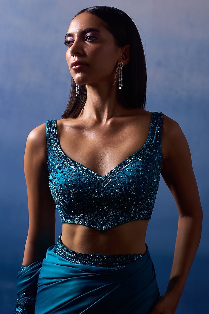 Peacock Blue Satin Sequins & Crystal Embroidered Wedding Saree Set by Angad Singh at Pernia's Pop Up Shop
