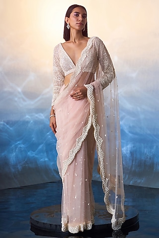 Light Peach Net Sequins & Pearl Embroidered Saree Set by Angad Singh