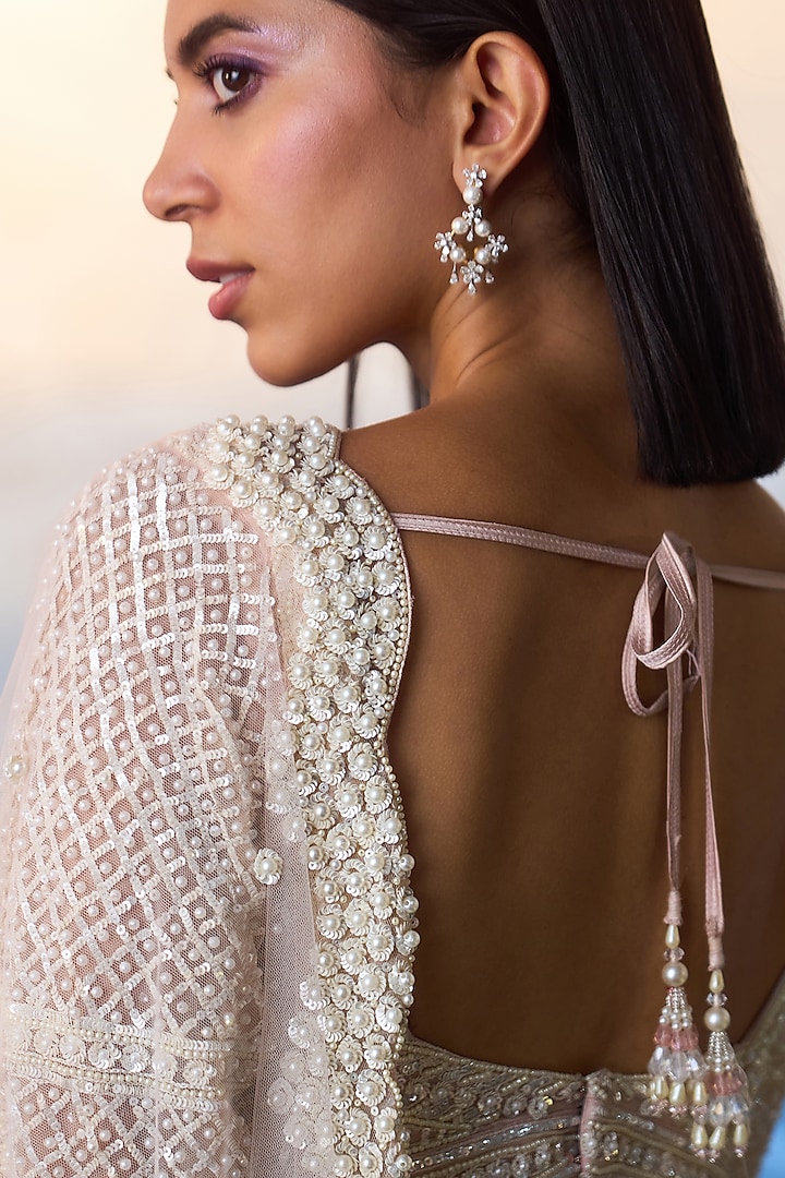 Light Peach Net Sequins & Pearl Embroidered Wedding Saree Set by Angad Singh at Pernia's Pop Up Shop