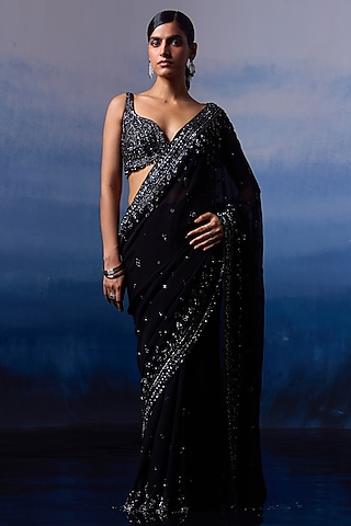 Black Georgette Sequins & Crystal Embroidered Saree Set by Angad Singh