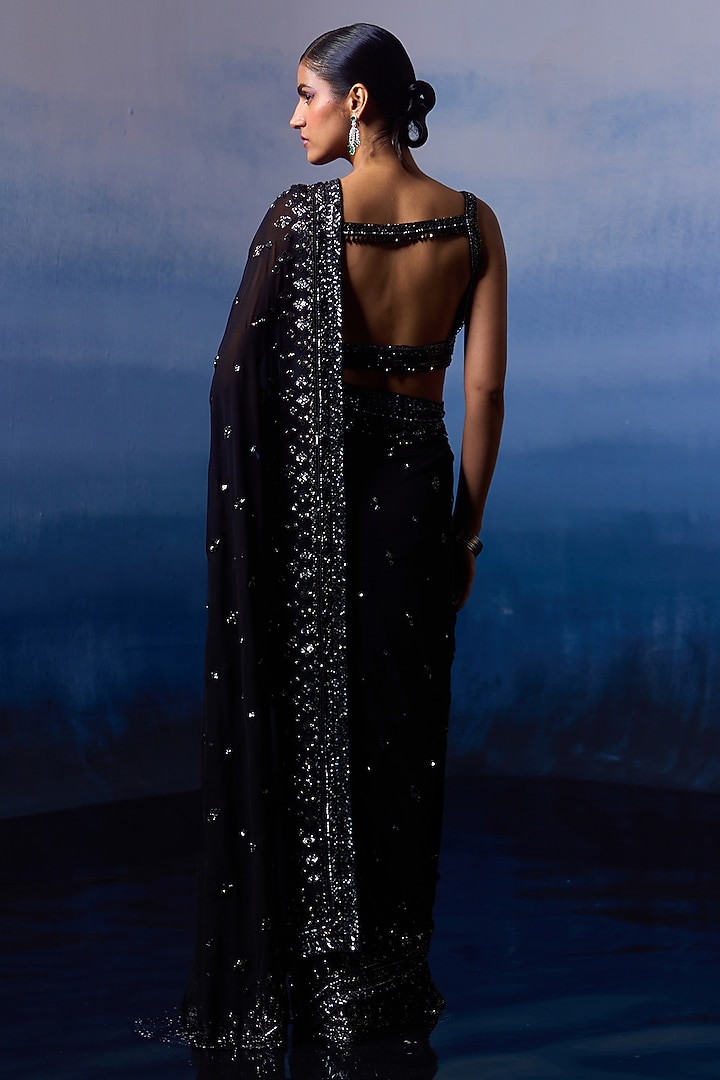 Black Georgette Sequins & Crystal Embroidered Wedding Saree Set by Angad Singh at Pernia's Pop Up Shop