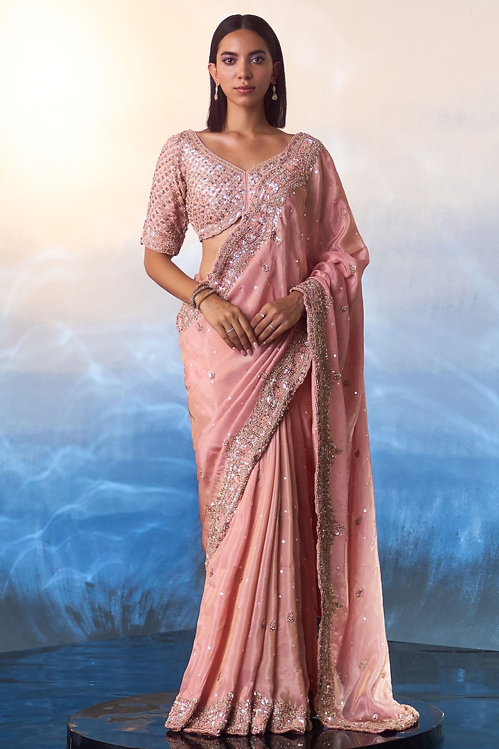 Peach Tissue Sequins & Bugle Beads Hand Embroidered Saree Set by Angad Singh