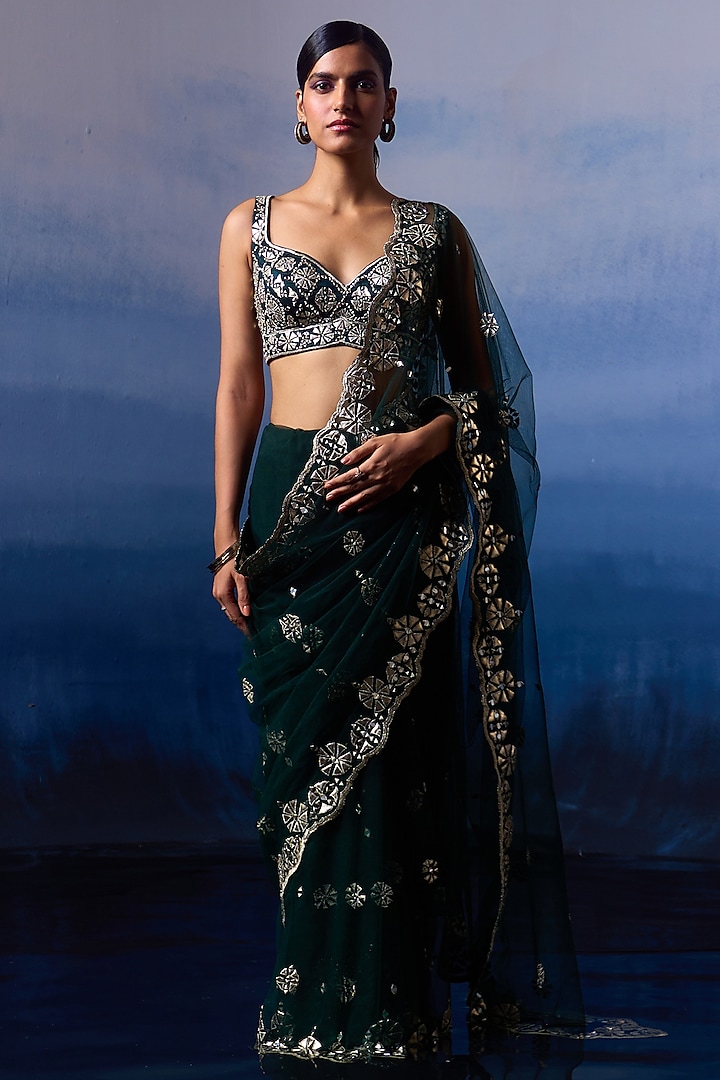 Green Net Applique & Mirror Embroidered Saree Set by Angad Singh at Pernia's Pop Up Shop