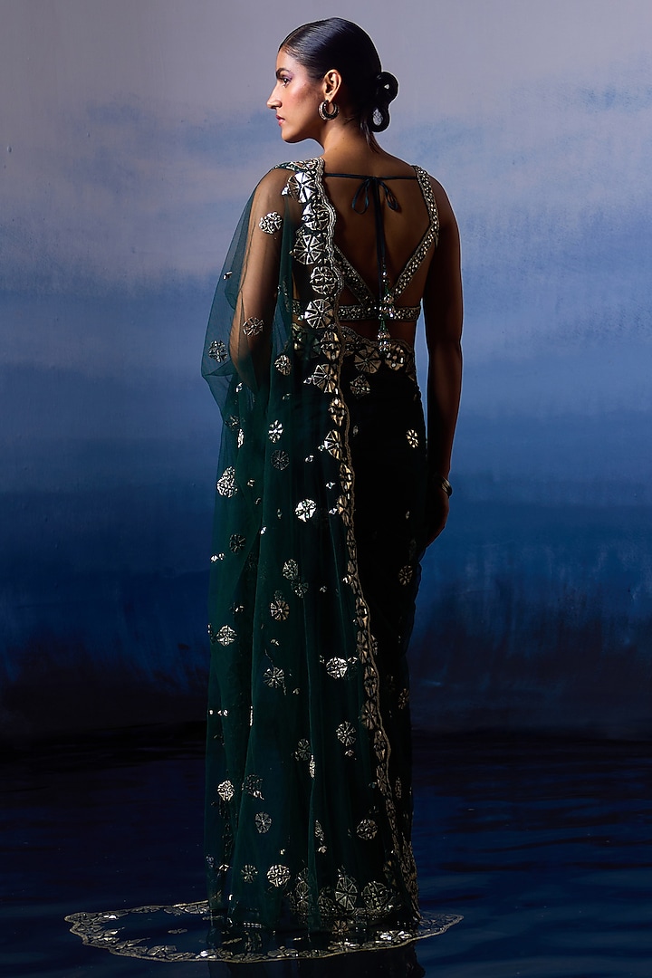 Green Net Applique & Mirror Embroidered Wedding Saree Set by Angad Singh at Pernia's Pop Up Shop