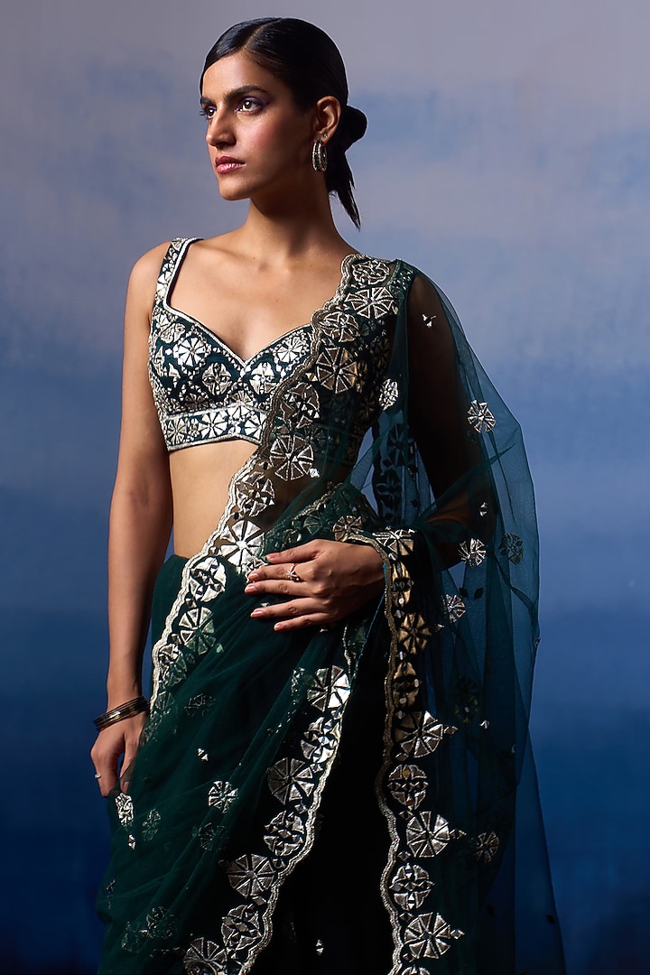Green Net Applique & Mirror Embroidered Wedding Saree Set by Angad Singh at Pernia's Pop Up Shop