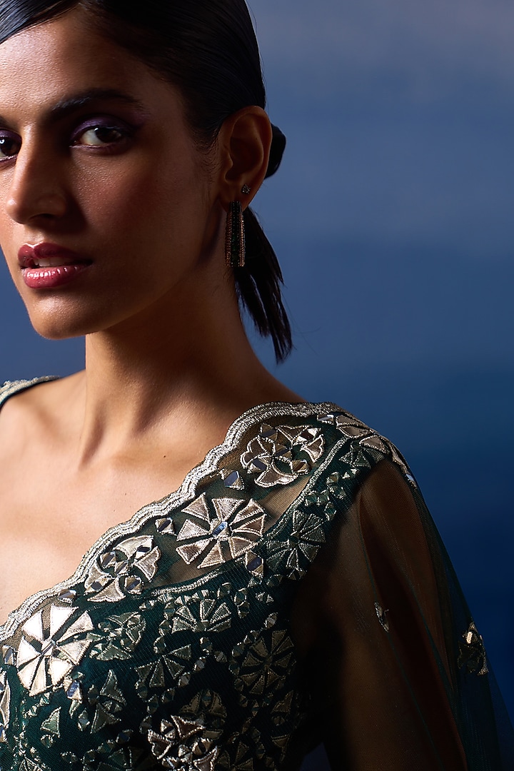 Green Net Applique & Mirror Embroidered Wedding Saree Set by Angad Singh at Pernia's Pop Up Shop