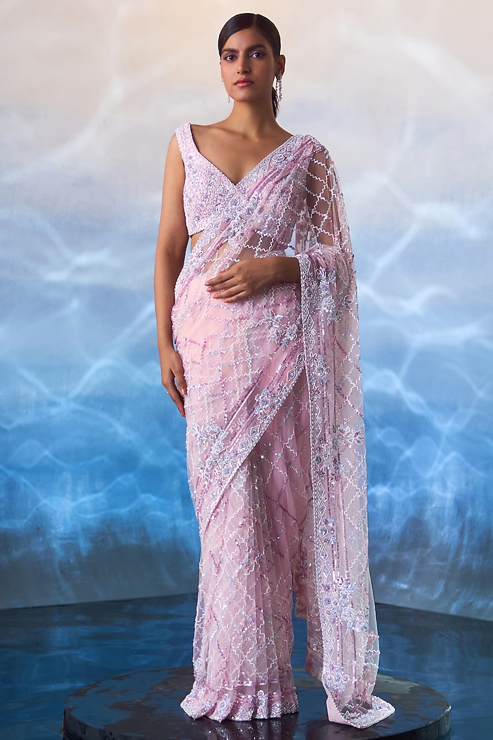 Blush Pink Net Sequins & Crystal Embroidered Saree Set by Angad Singh