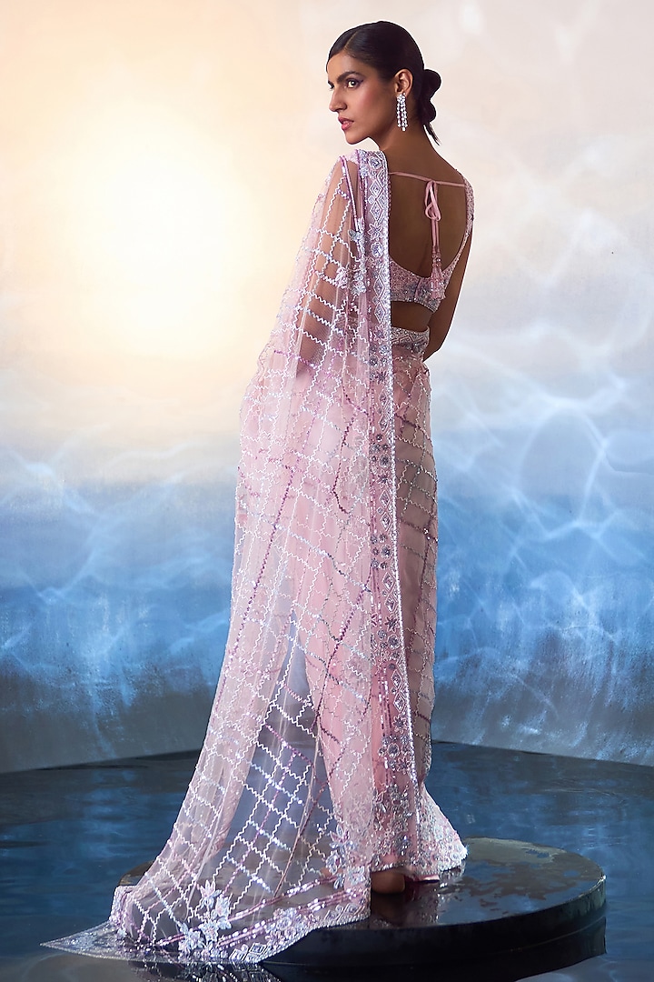 Blush Pink Net Sequins & Crystal Embroidered Wedding Saree Set by Angad Singh at Pernia's Pop Up Shop