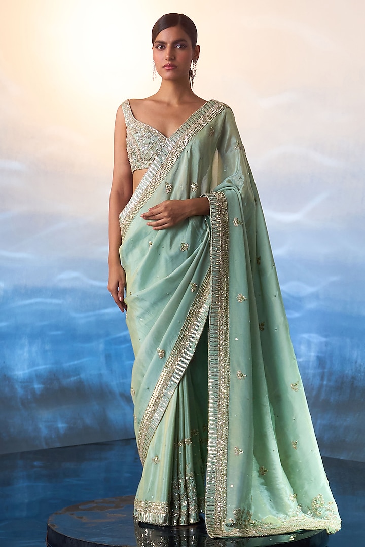 Seafoam Green Tonal Sequins & Bugle Beads Hand Embroidered Saree Set by Angad Singh