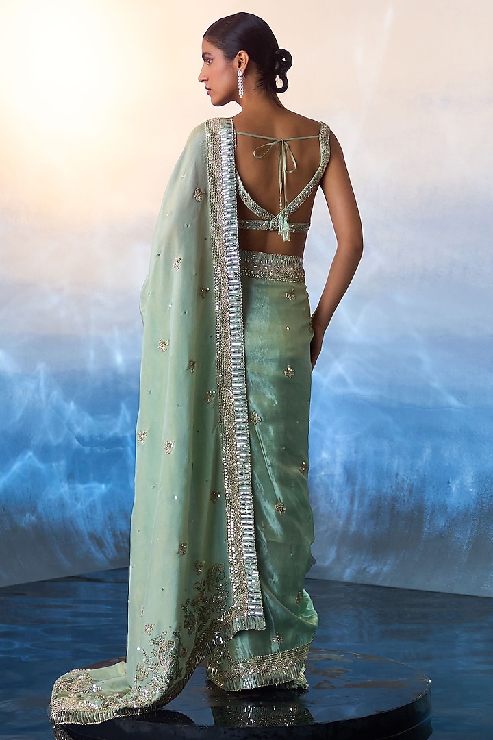 Seafoam Green Tonal Sequins & Bugle Beads Hand Embroidered Wedding Saree Set by Angad Singh at Pernia's Pop Up Shop