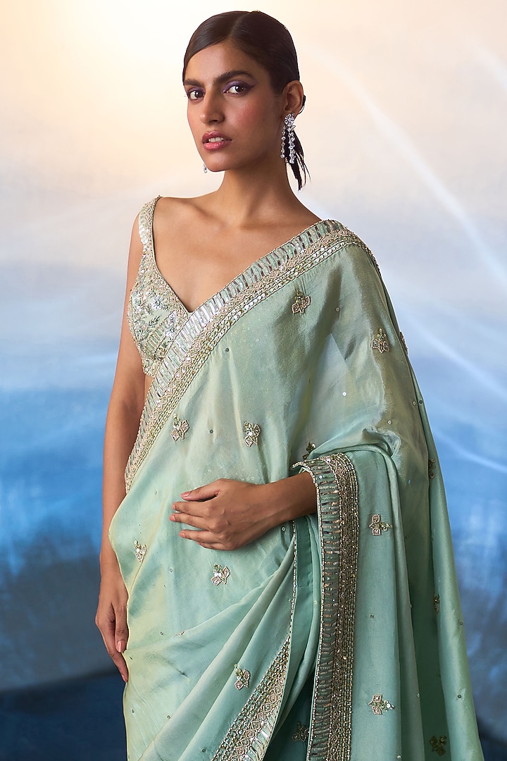 Seafoam Green Tonal Sequins & Bugle Beads Hand Embroidered Wedding Saree Set by Angad Singh at Pernia's Pop Up Shop
